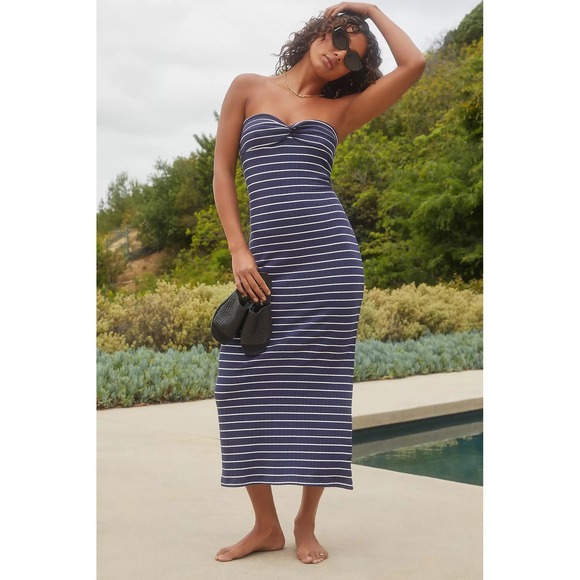 Anthropologie Dresses & Skirts - Anthropologie Strapless Twist Front Midi Dress Navy White Stripe Ribbed Size M